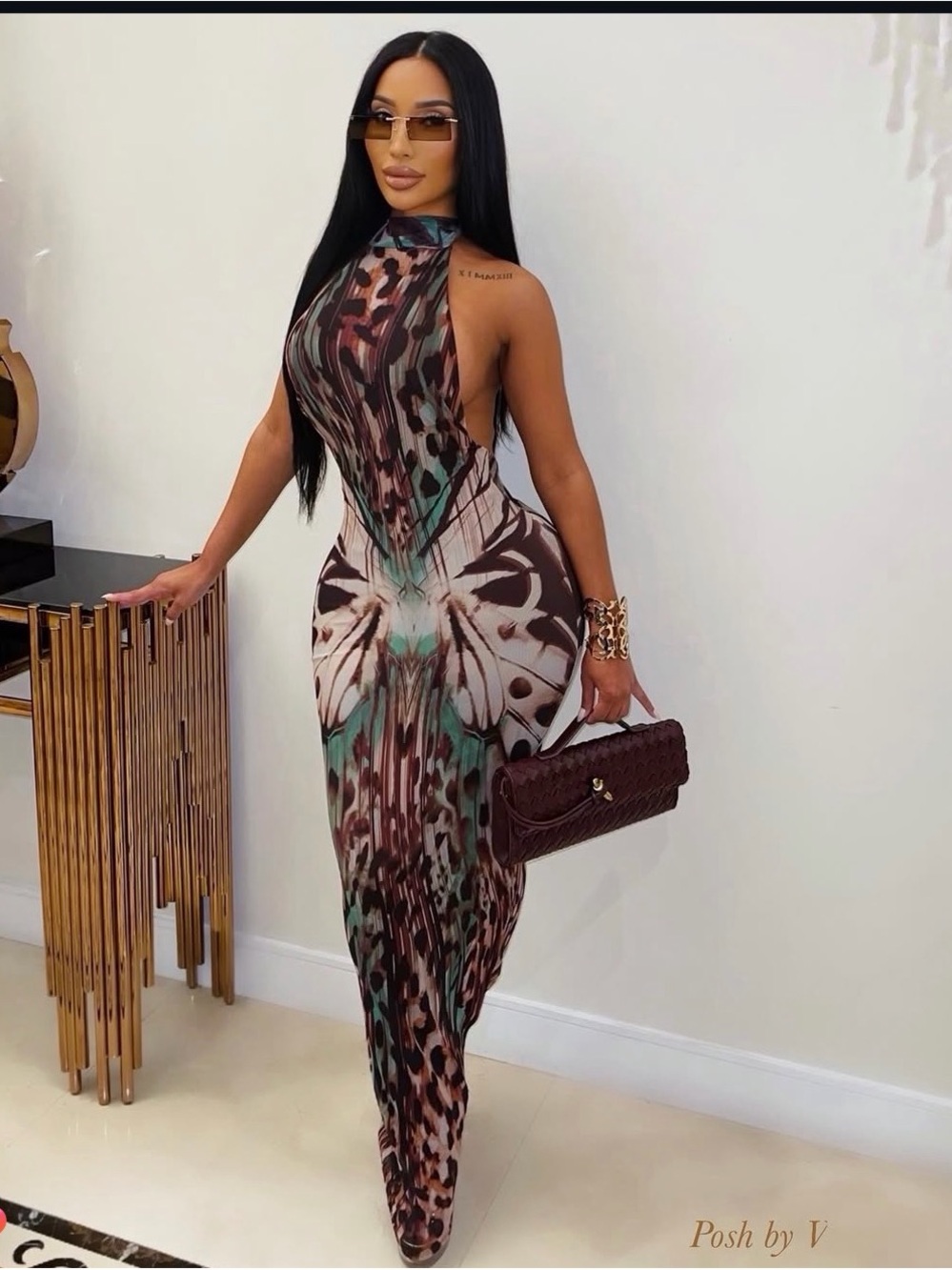 Sleeveless Brown & Teal Printed Maxi Dress with High Neck